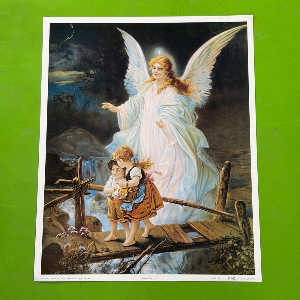 Guardian Angel Children Bridge Lithograph 16x21 Gallery Graphics Religious 1983
